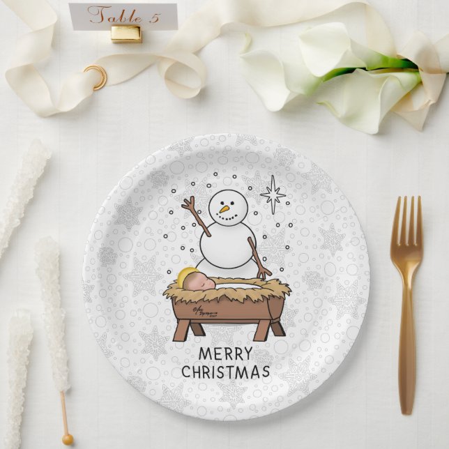 Plato De Papel Feliz Navidad Natividad Niño Jesús Snowman (Boda)