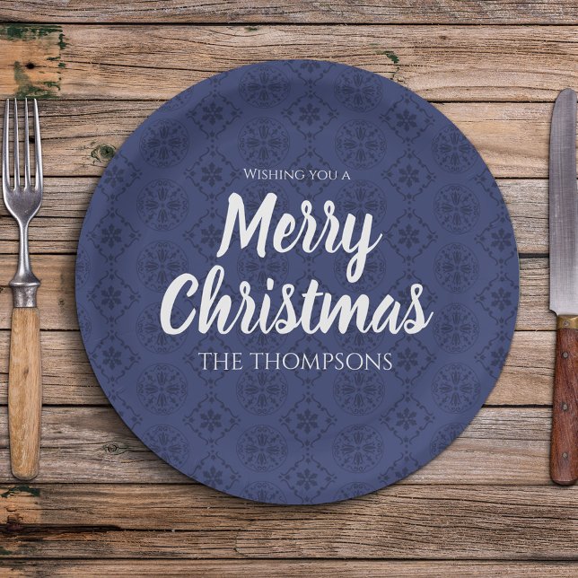 Plato De Papel Feliz Navidad Naval Azul Sencillo Patrón De Copo D (Merry Christmas whimsical calligraphy script Navy Blue paper plate. )