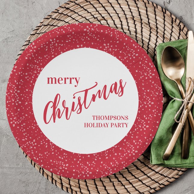 Plato De Papel Feliz Navidad Navidad Festividad Roja Blanca (Simple Merry Christmas cute red and white calligraphy script paper plate)