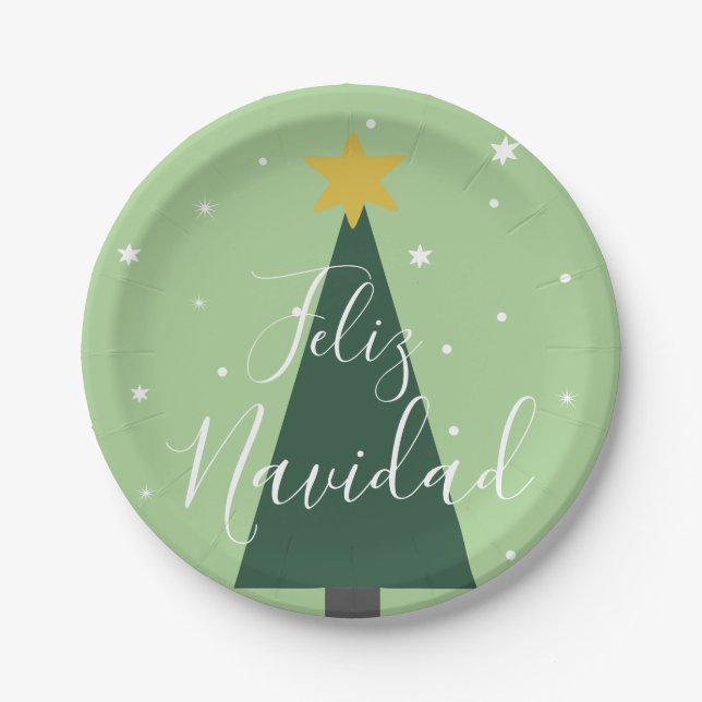 Plato De Papel Feliz Navidad: nieve verde de árbol y estrellas    (Anverso)