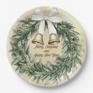 Plato De Papel Feliz Navidad Oro Verde Wreat Blanco