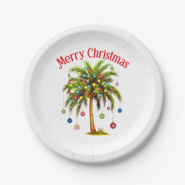 Plato De Papel Feliz Navidad Palm Tree Light Tropical Hawaiano (Anverso)
