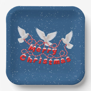 Plato De Papel FELIZ NAVIDAD Palomas blancas y copos de nieve
