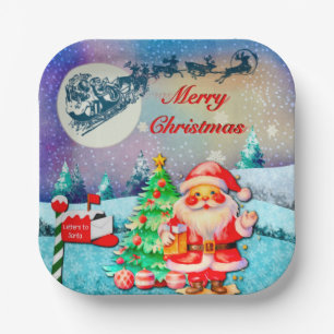 Plato De Papel Feliz Navidad Papá Noel, Trineo, Reno, Copo de Nie