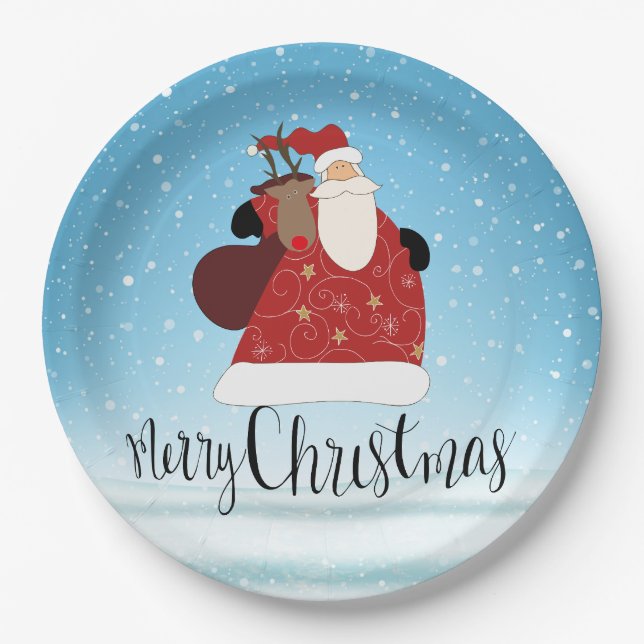 Plato De Papel Feliz Navidad Papá Noel y Rudolph (Anverso)