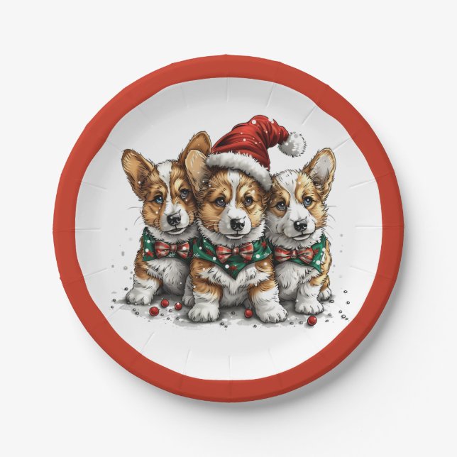 Plato De Papel Feliz Navidad Pembroke Corgi galés cachorros (Anverso)
