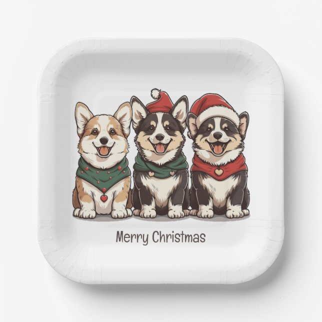 Plato De Papel Feliz Navidad Pembroke Welsh Corgi Perros (Anverso)