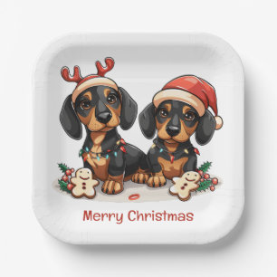Plato De Papel Feliz Navidad Perros Dachshund