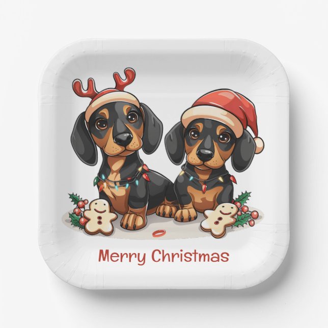 Plato De Papel Feliz Navidad Perros Dachshund (Anverso)