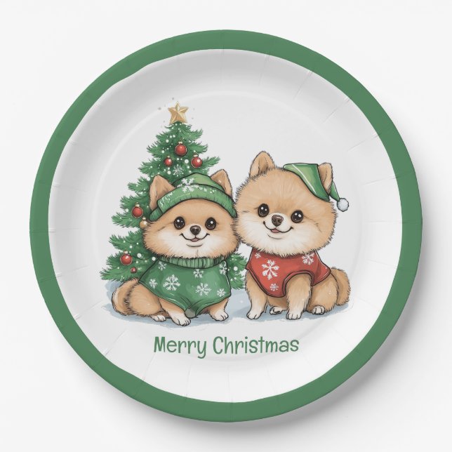 Plato De Papel Feliz Navidad Perros Pomeranos (Anverso)