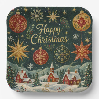 Plato De Papel Feliz Navidad Pueblo Nevado Rojo y Dorado Arte Fol