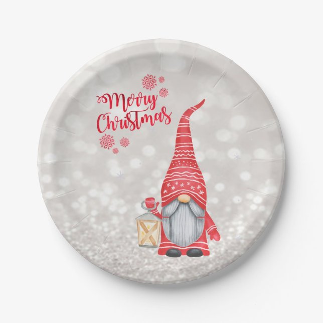 Plato De Papel Feliz Navidad, Purpurina Bokeh, Cute Gnome (Anverso)
