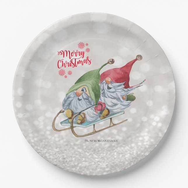 Plato De Papel Feliz Navidad, Purpurina Bokeh, Cute Gnomes Sleigh (Anverso)