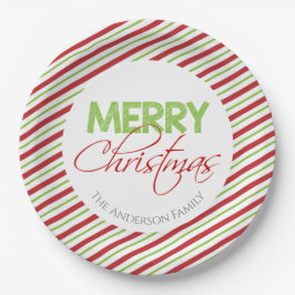 Plato De Papel Feliz Navidad | Rayas rojas y verdes