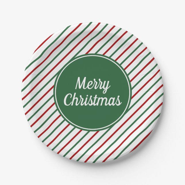 Plato De Papel Feliz Navidad Rayas Verdes (Anverso)