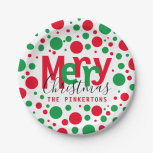 Plato De Papel Feliz Navidad Red Green Dots Typography Monograma