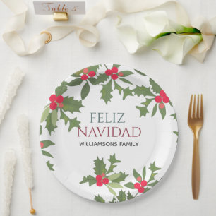 Plato De Papel Feliz Navidad Red Holly Berries Navidad cena
