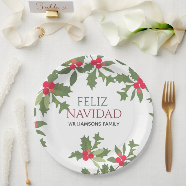Plato De Papel Feliz Navidad Red Holly Berries Navidad cena (Boda)