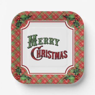 Plato De Papel Feliz Navidad Red Plaid con Holly