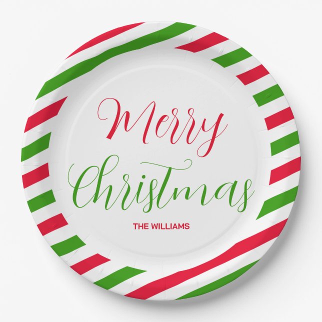 Plato De Papel Feliz Navidad Red Y Green Holiday Party Name (Anverso)