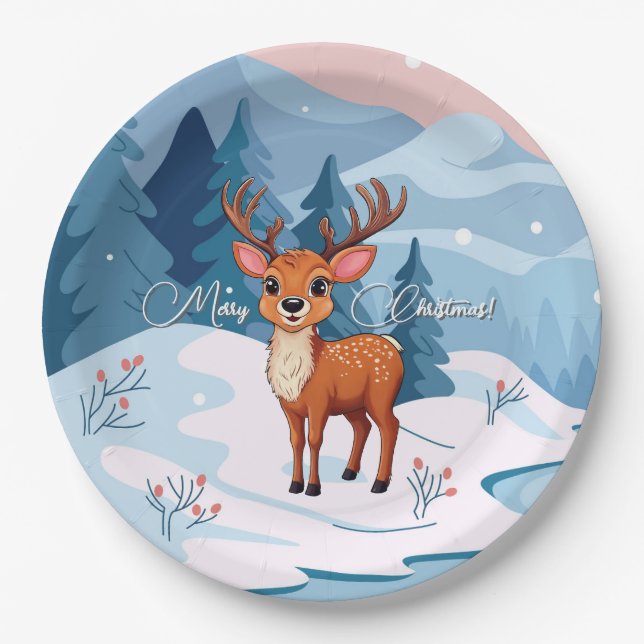 Plato De Papel Feliz Navidad Reno Cute Cartoon en invierno  (Anverso)
