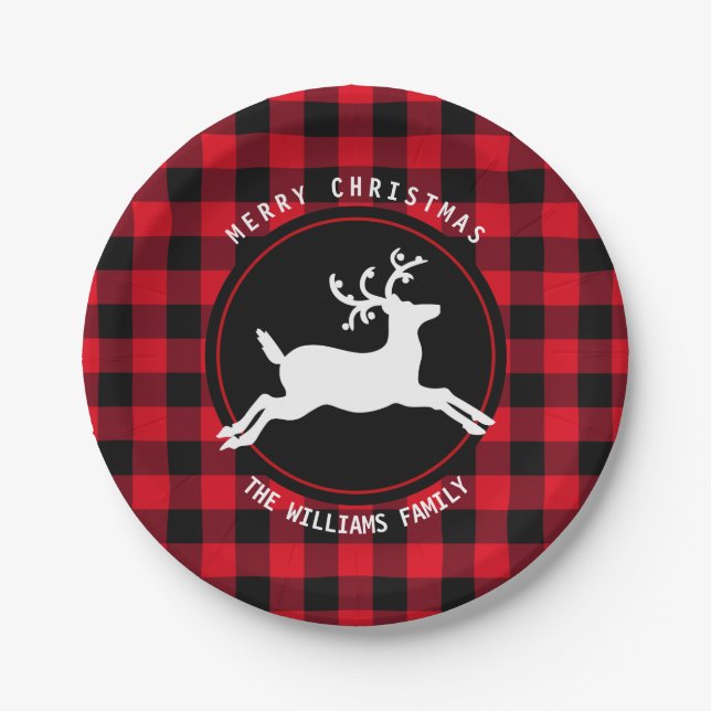 Plato De Papel Feliz navidad reno Red Black Buffalo Check (Anverso)