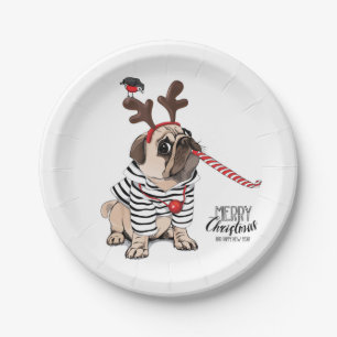 Plato De Papel Feliz Navidad  Renos Pug