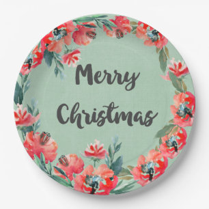 Plato De Papel Feliz Navidad Rojo Floral Agua Wreath