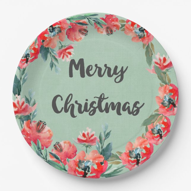 Plato De Papel Feliz Navidad Rojo Floral Agua Wreath (Anverso)