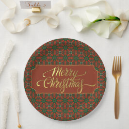Plato De Papel Feliz Navidad rojo y verde inspirado en vintage