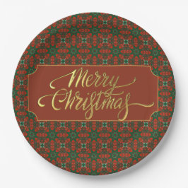 Plato De Papel Feliz Navidad rojo y verde inspirado en vintage