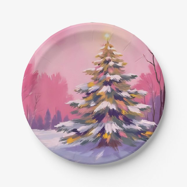Plato De Papel Feliz Navidad Rosa | Fiesta de Agua Pintada (Anverso)