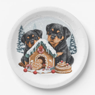 Plato De Papel Feliz Navidad Rottweiler Dogs Gingerbread House