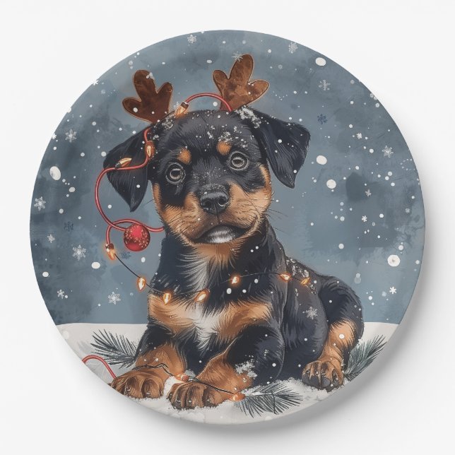 Plato De Papel Feliz Navidad Rottweiler Perro Reno (Anverso)