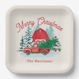 Plato De Papel Feliz Navidad Rustic Red Truck Ecru