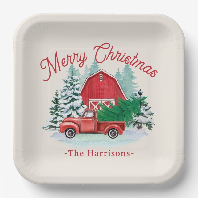 Plato De Papel Feliz Navidad Rustic Red Truck Ecru (Anverso)