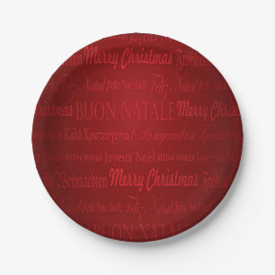 Plato De Papel Feliz Navidad Saludos Placas Rojas Multi-Lang