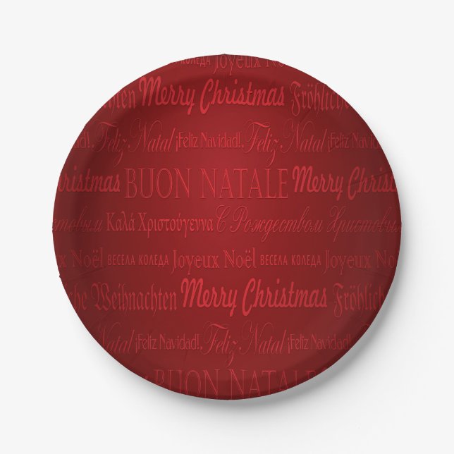 Plato De Papel Feliz Navidad Saludos Placas Rojas Multi-Lang (Anverso)