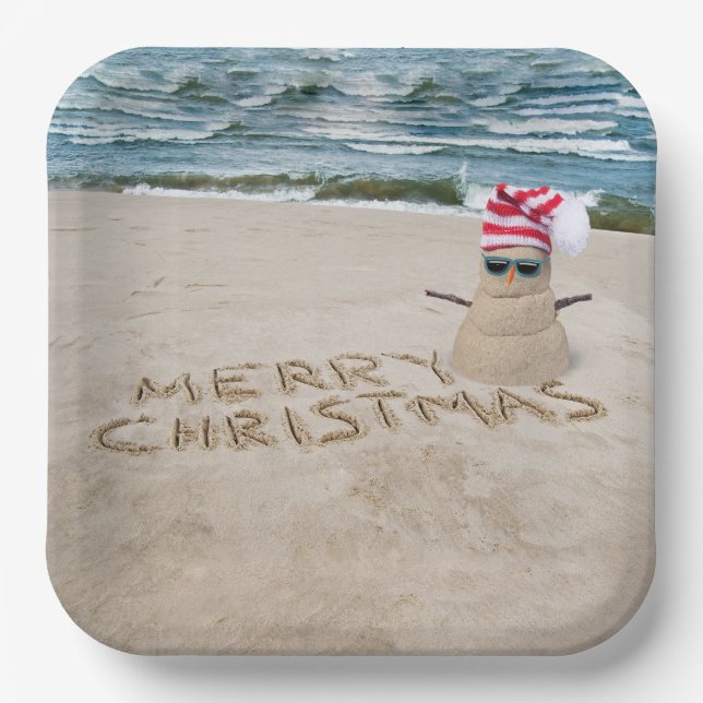 Plato De Papel Feliz Navidad Sandman en la playa (Anverso)