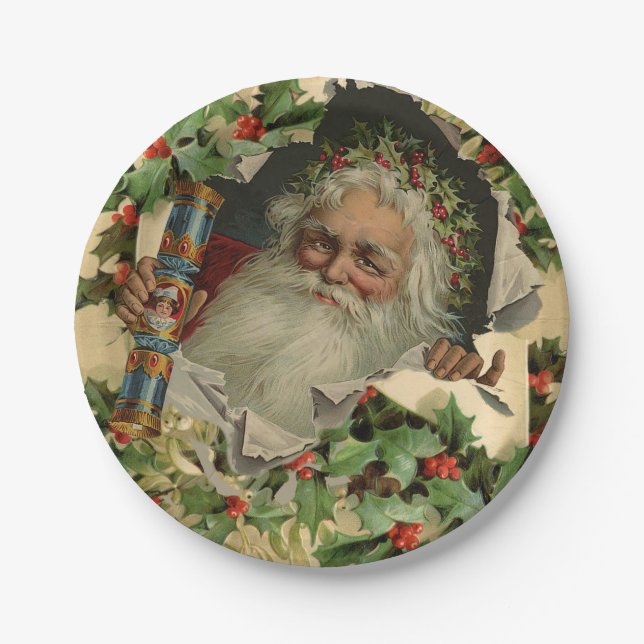 Plato De Papel Feliz Navidad Santa Claus Clásico antiguo (Anverso)