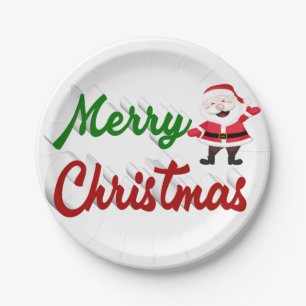 Plato De Papel Feliz Navidad Santa Claus guión verde rojo