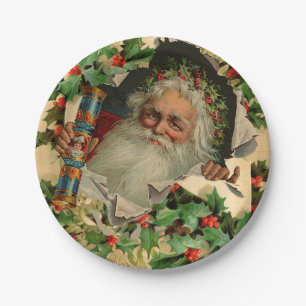 Plato De Papel Feliz Navidad Santa Claus Holly