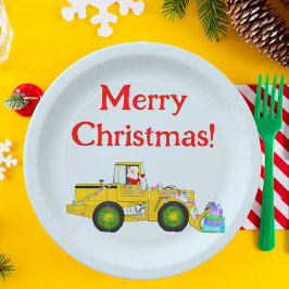 Plato De Papel Feliz Navidad Santa en Bulldozer Entregando Regalo