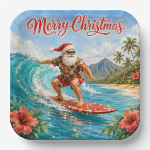 Plato De Papel Feliz Navidad Santa Hawaiano Surfista