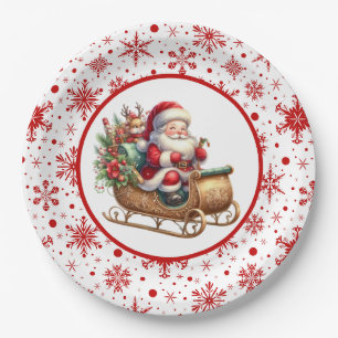 Plato De Papel Feliz Navidad Santa Sled
