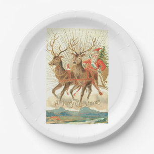 Plato De Papel Feliz Navidad (Santa y sus renos)