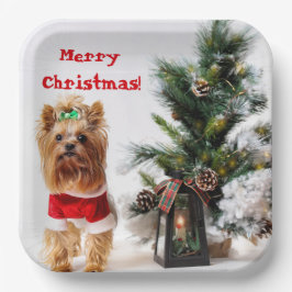 Plato De Papel Feliz Navidad Santa Yorkie con árbol de Navidad