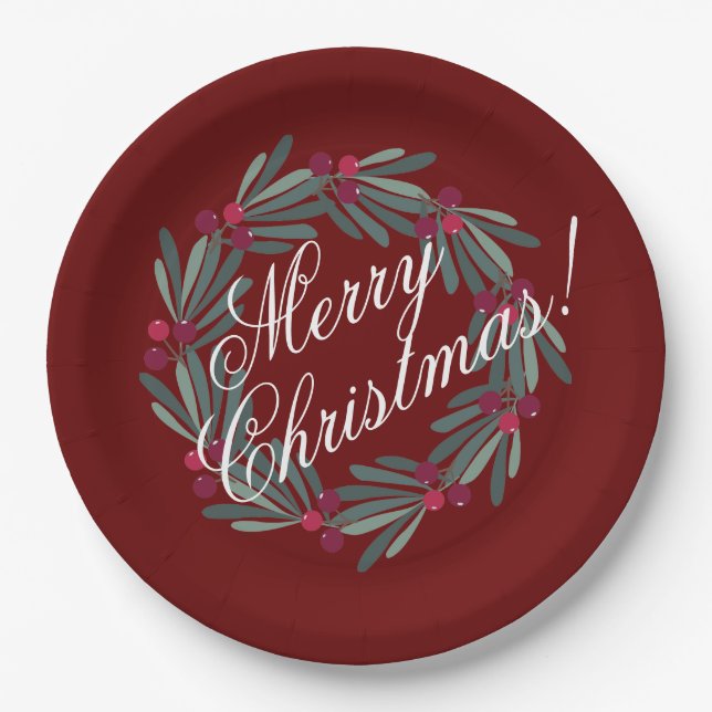 Plato De Papel Feliz Navidad Script Bonito Rojo festivo (Anverso)