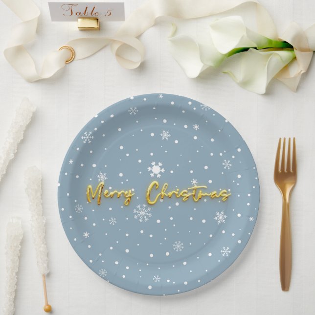 Plato De Papel Feliz Navidad Snowflake Pastel moderno Azul (Boda)