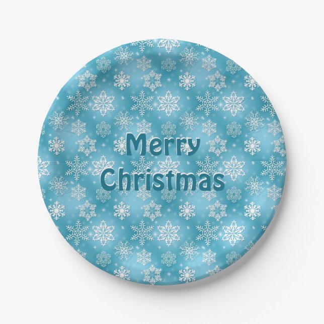 Plato De Papel Feliz Navidad Snowflakes en aqua (Anverso)